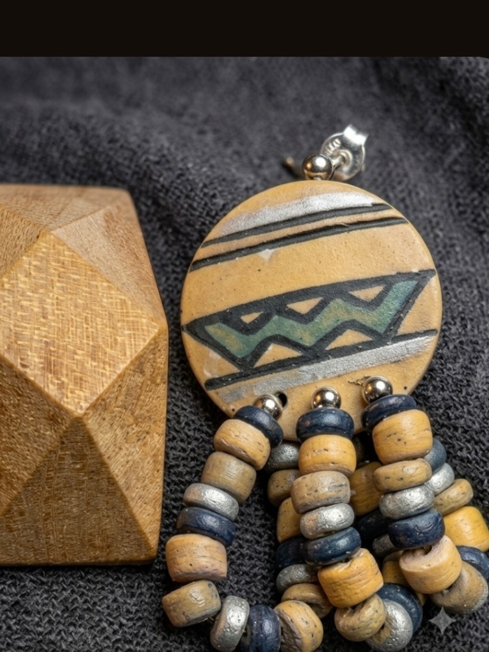 Handcrafted Wood Geometric & Bead Dangle Earrings in Mustard and Navy